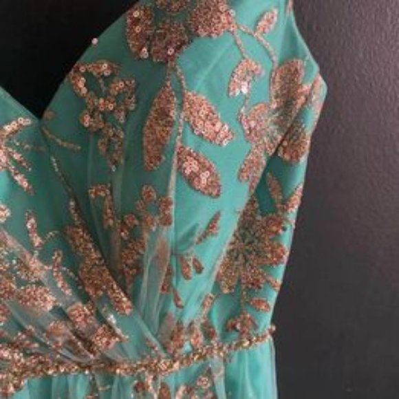 Teal and Gold Floral Prom Dress - Picture 4 of 10